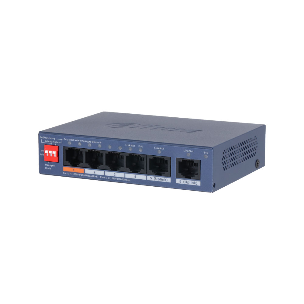 Switch PoE Gigabit 4 puertos · 60W Dahua DH-CS4006-4GT-60-V2 - Intelix Safety