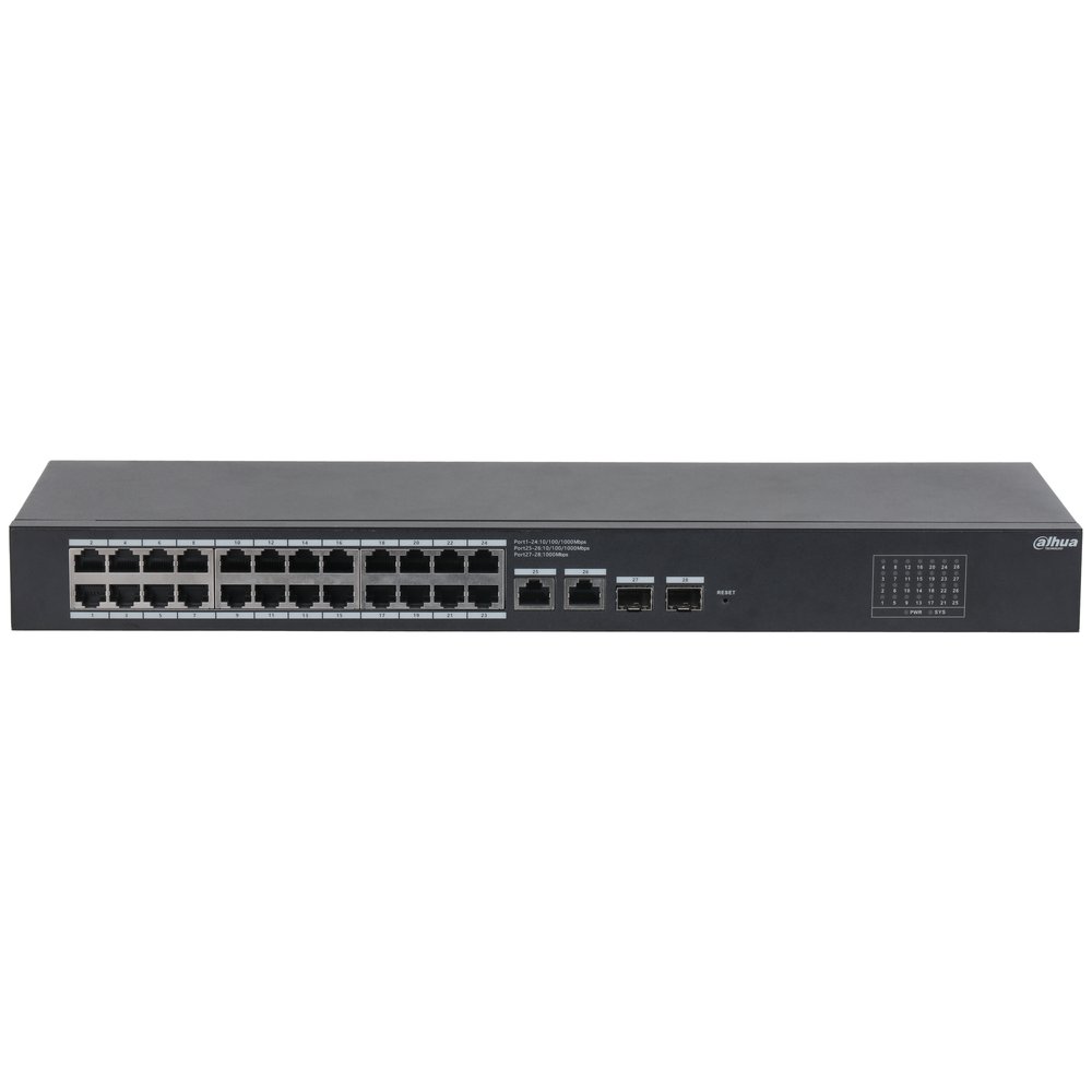 Switch gestionable cloud Dahua L2 de 26 puertos Gigabit (24 RJ45 + 2 uplink + 2 SFP) DH-CS4228-24GT — vista oficial 2