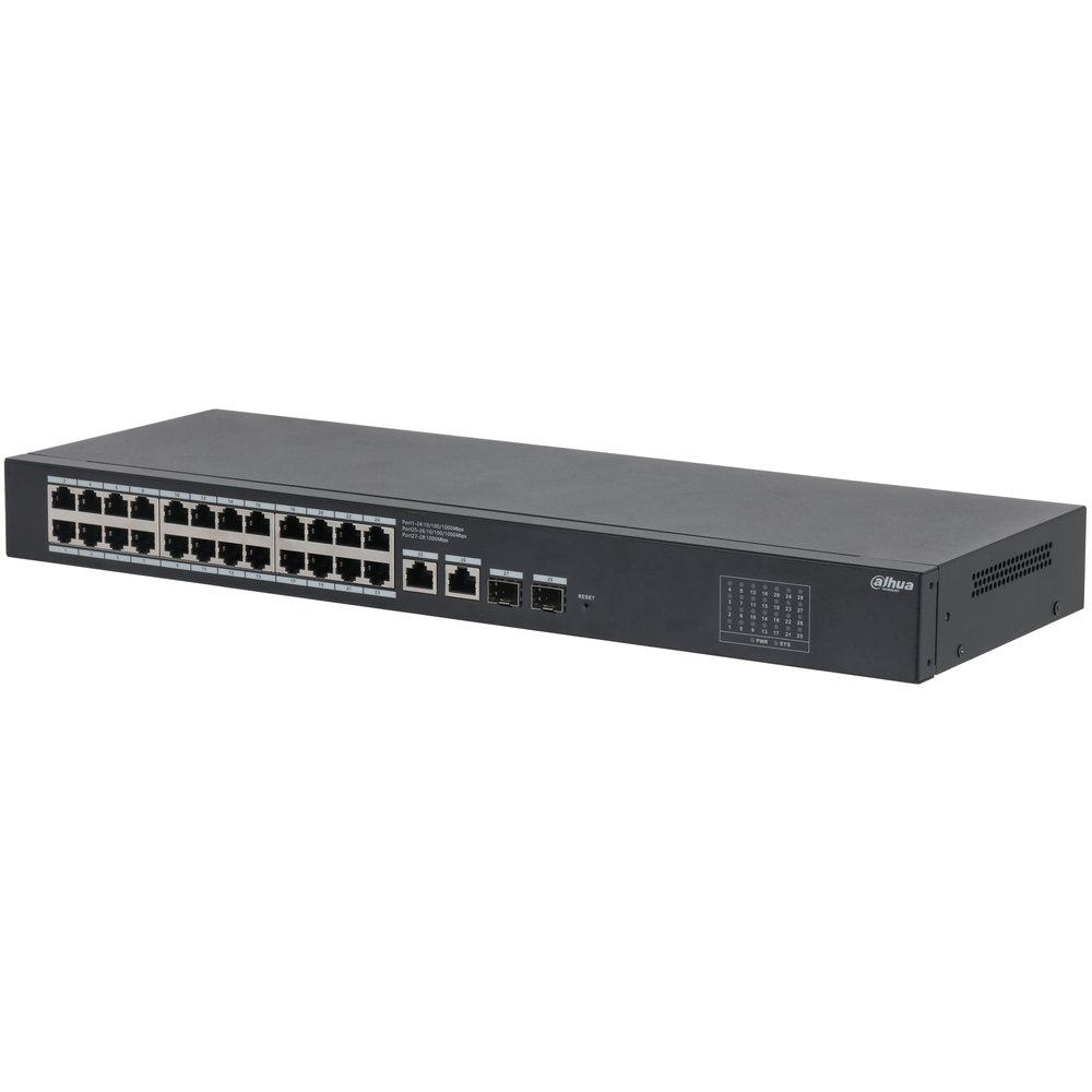 Switch gestionable cloud Dahua L2 de 26 puertos Gigabit (24 RJ45 + 2 uplink + 2 SFP) DH-CS4228-24GT — vista oficial 3